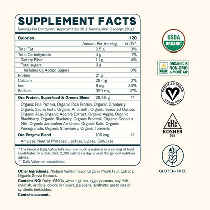 Ora Organic Protein Powder - 21g Plant-Based Protein for Women and Men Pre-Workout - Maple Wellness Supplements