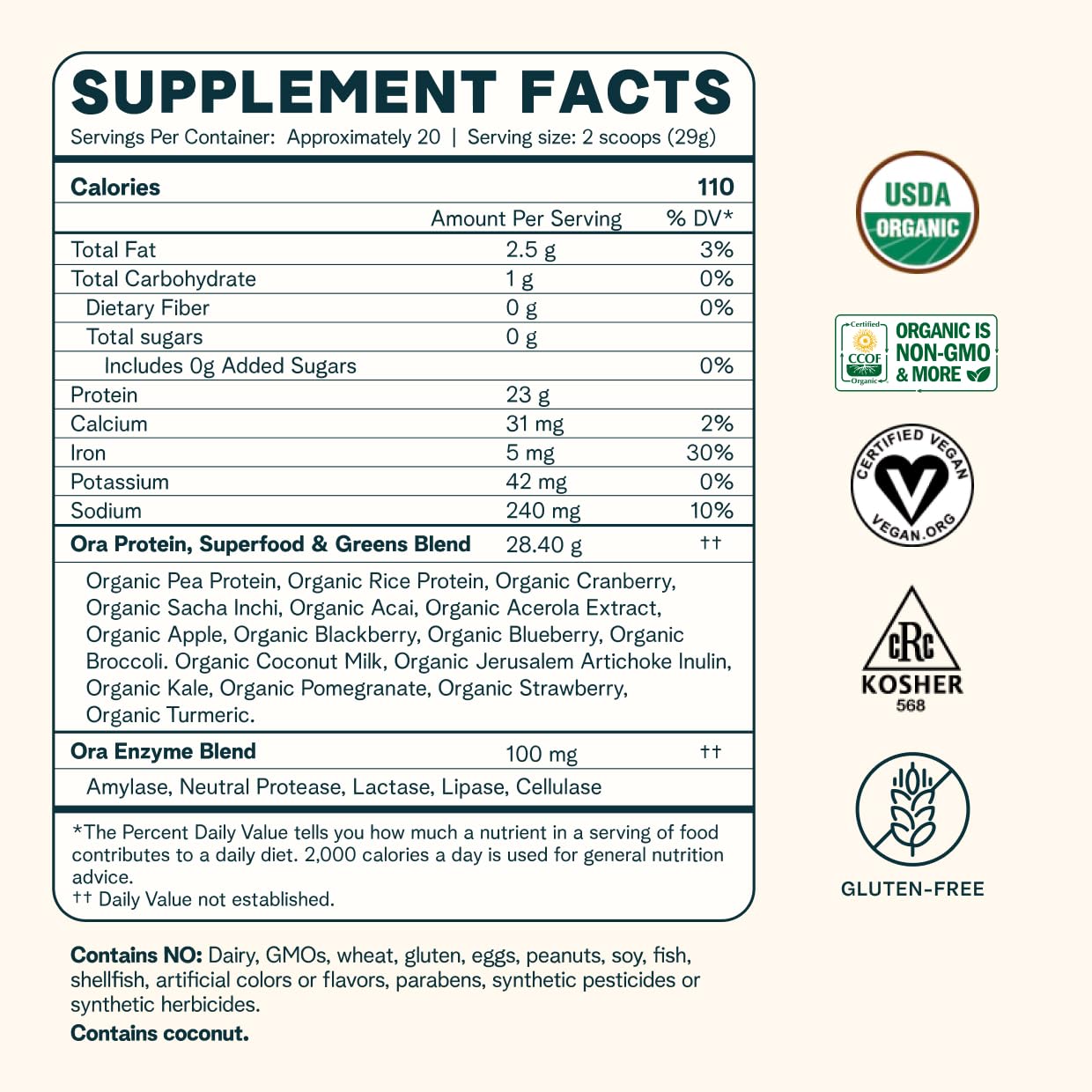 Ora Organic Vegan Protein Powder - 23g Plant Based Pea Protein Unflavored - Maple Wellness Supplements