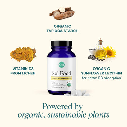 Ora Organic Vitamin D3 2000IU - Vegan Vitamin D Chewables from Lichen for Bone Health, Immune Support, & Mood | Maximum Absorption - 1 Month Supply, 30 Vegan Chewable Vanilla Tablets - Maple Wellness Supplements