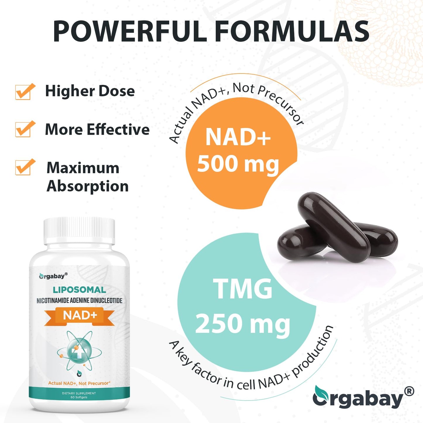 Orgabay Liposomal NAD+ Supplement 500 mg, High Absorption, Boost NAD+ with TMG 250 mg, Actual NAD Plus More Efficient Than Nicotinamide Riboside, Support Cellular Energy, Healthy Aging | 60 Softgels - Maple Wellness Supplements