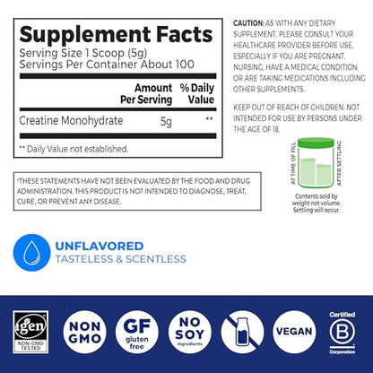 Orgain Creatine Monohydrate Micronized Powder, 100 Servings, Unflavored, Supports Muscle Growth, Post Workout Recovery and Brain Health, No Artificial Additives, for Men & Women, Vegan - Maple Wellness Supplements