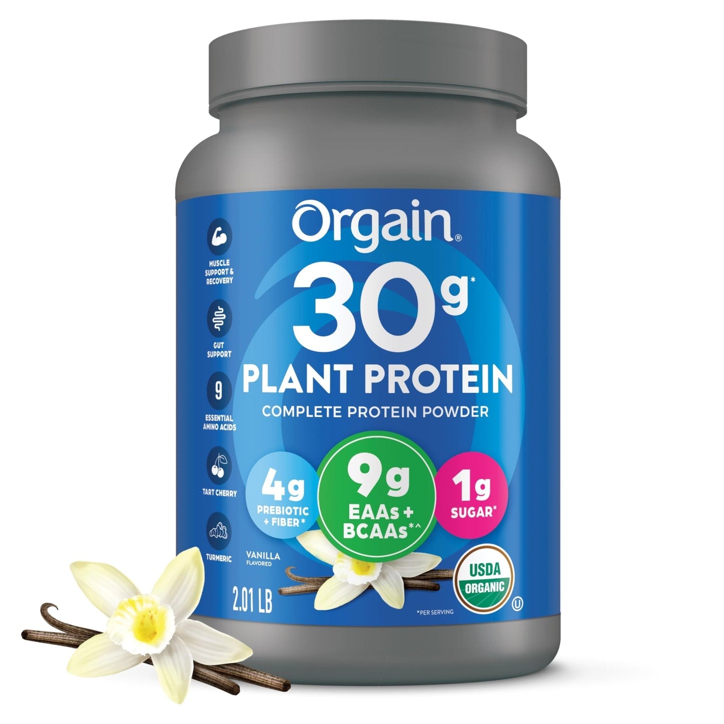 Orgain Organic 30g Vegan Plant Protein Powder, Vanilla, 9g EAAs + BCAAs, High Plant Protein, 4g Prebiotic + Fiber, 1g Sugar, Pre-Workout, Muscle Support + Recovery - 2.01lb (Packaging May Vary) - Maple Wellness Supplements