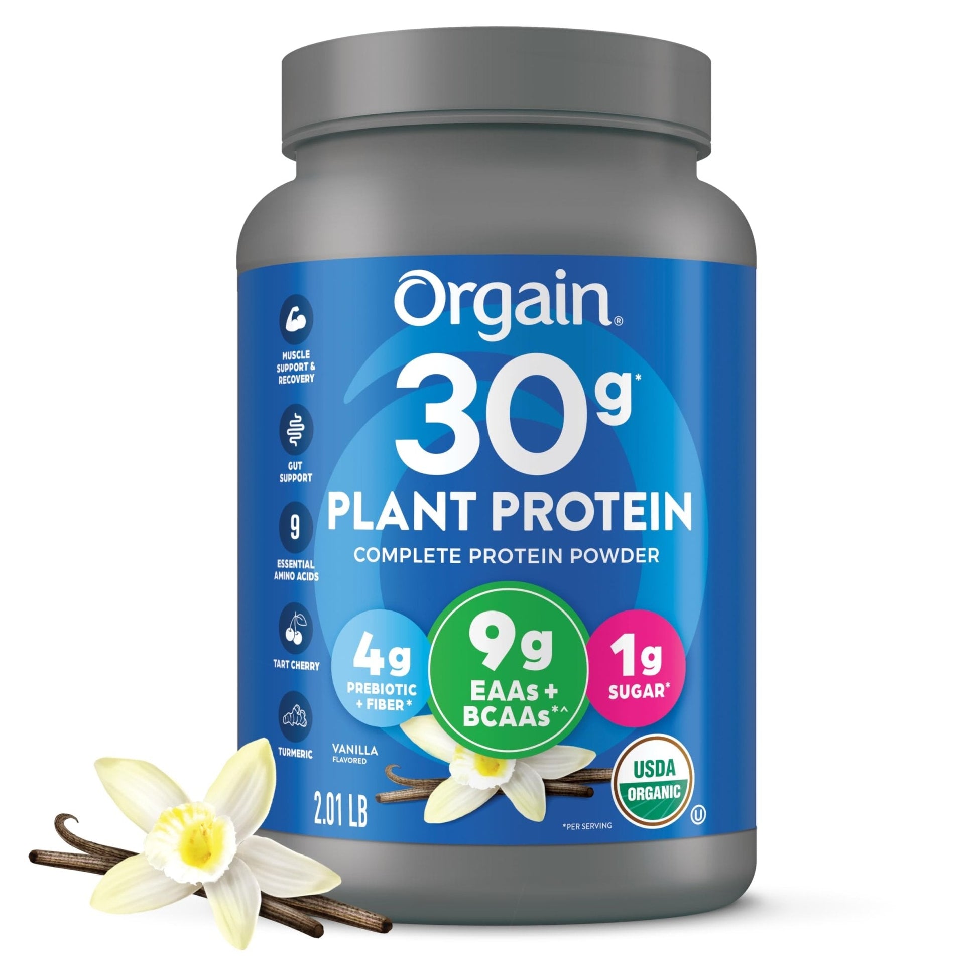 Orgain Organic 30g Vegan Plant Protein Powder, Vanilla, 9g EAAs + BCAAs, High Plant Protein, 4g Prebiotic + Fiber, 1g Sugar, Pre-Workout, Muscle Support + Recovery - 2.01lb (Packaging May Vary) - Maple Wellness Supplements