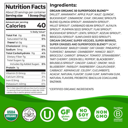 Orgain Organic Greens Powder + 50 Superfoods, Original - 1 Billion Probiotics for Digestive Health, Antioxidants, Vegan, Plant-Based, Gluten-Free, Non-GMO - Maple Wellness Supplements