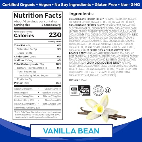 Orgain Organic Vegan Meal Replacement Protein Powder, Vanilla Bean - 20g Plant Based - Maple Wellness Supplements