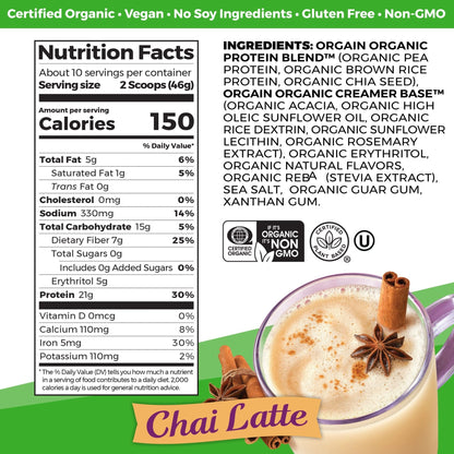 Orgain Organic Vegan Protein Powder, Chai Latte - 21g Plant Based Protein, Gluten Free - Maple Wellness Supplements