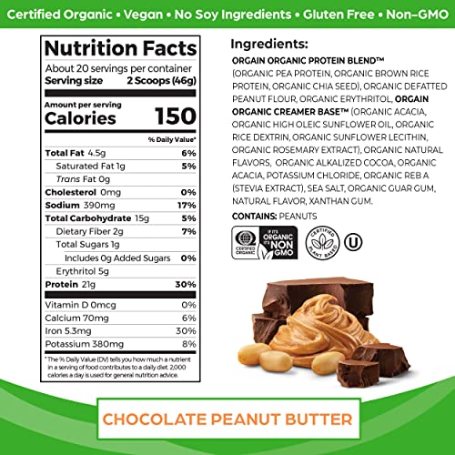 Orgain Organic Vegan Protein Powder, Chocolate Peanut Butter - 21g of Plant Based Protein - Maple Wellness Supplements