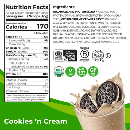 Orgain Organic Vegan Protein Powder, Cookies and Cream - 21g Plant Based Protein - Maple Wellness Supplements