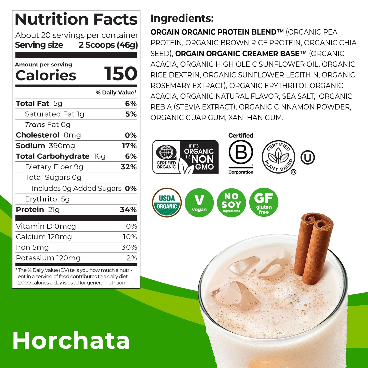 Orgain Organic Vegan Protein Powder, Horchata - 21g of Plant Based Protein, Low Net - Maple Wellness Supplements