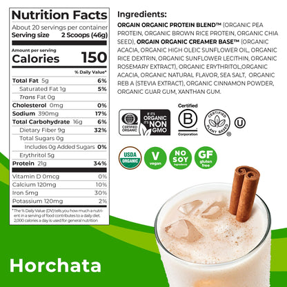 Orgain Organic Vegan Protein Powder, Horchata - 21g of Plant Based Protein, Low Net - Maple Wellness Supplements