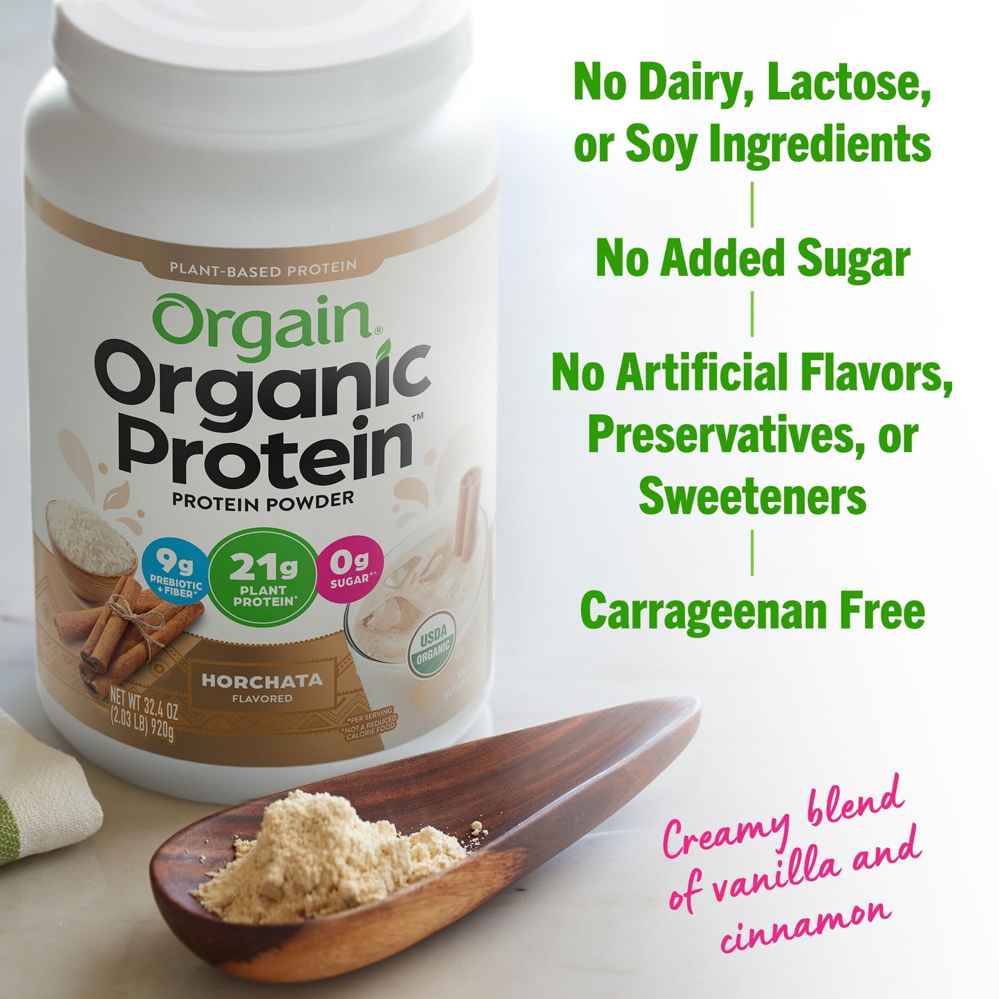 Orgain Organic Vegan Protein Powder, Horchata - 21g of Plant Based Protein, Low Net - Maple Wellness Supplements