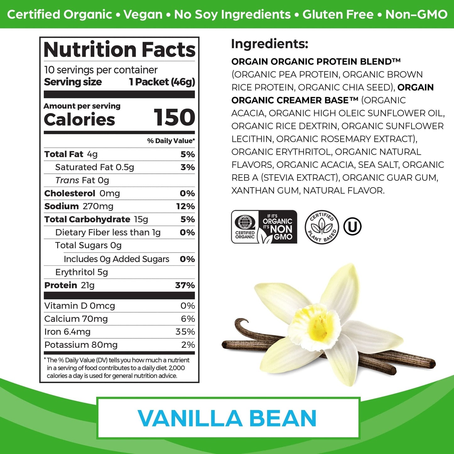 Orgain Organic Vegan Protein Powder, Vanilla Bean - 21g Plant Based Protein, Gluten Free - Maple Wellness Supplements