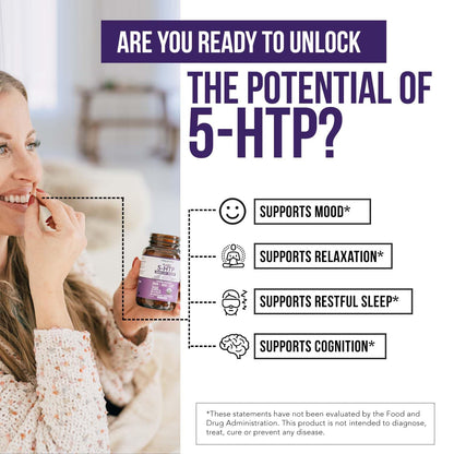 Organic 5-HTP - 200 mg | 99% 5HTP Concentration, Plus Cofactor Vitamin B6 & Lion’s Mane | Water Extracted from Organic Griffonia Seeds | Supports Mood - Maple Wellness Supplements