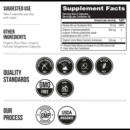 Organic 5-HTP - 200 mg | 99% 5HTP Concentration, Plus Cofactor Vitamin B6 & Lion’s Mane | Water Extracted from Organic Griffonia Seeds | Supports Mood - Maple Wellness Supplements