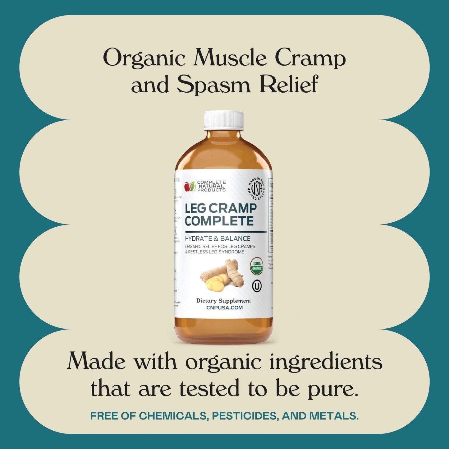 Organic Amish Leg Cramp Relief Liquid 16oz - Natural Muscle and Foot Support Supplement with Apple Cider Vinegar, Ginger, Garlic, Aloe, Fast Cramp Reducing Formula, Certified Organic, Made in USA - Maple Wellness Supplements