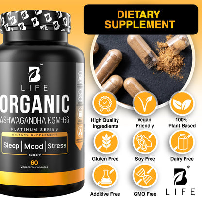 Organic Ashwagandha KSM-66 1000 mg Supplement | Adaptogen for Cortisol Support & Stress Relief | Mood, Calm & Sleep Aid for Men & Women | Ashwagandha ritual vitamins for women | 60 Vegan Caps - Maple Wellness Supplements