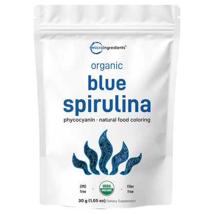 Organic Blue Spirulina Powder (Phycocyanin Extract), 30 Servings - No Fishy Smell, 100% Vegan Protein from Blue-Green Algae, Natural Luminous Food - Maple Wellness Supplements