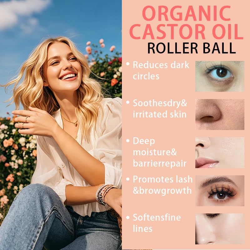 Organic Castor Oil with Rose Quartz Roller, Cold-Pressed Pure Organic Castor Oil Roller Ball for Hair Growth, Eyelashes, Eyebrows & Skin, 1.7 fl oz(1) - Maple Wellness Supplements