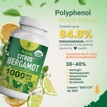 Organic Citrus Bergamot Supplement - Only USDA, Cardiologist Formulated with 200+ Scientific Studies -1000mg - Patented Extract, Heart, Cholesterol, - Maple Wellness Supplements