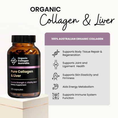 Organic Collagen Australia Pure Collagen & Liver Capsules – Muscle Strength & Vitality with Hydrolyzed Collagen, Grass-Fed Liver, and Vitamin B12 – 120 Capsules - Maple Wellness Supplements