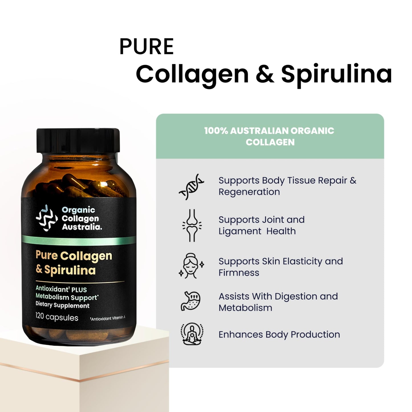 Organic Collagen Australia Pure Collagen & Spirulina Capsules – Antioxidant-Rich Supplement for Skin Elasticity, Joint Health, Metabolism Support & Energy (120 Capsules) - Maple Wellness Supplements
