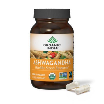ORGANIC INDIA Ashwagandha Capsules - Organic Ashwagandha Supplement - Vegan Ashwagandha Root, Gluten-Free, Kosher, Non-GMO, Supports Stress Relief, Energy, and Sleep - 60 Capsules - Maple Wellness Supplements
