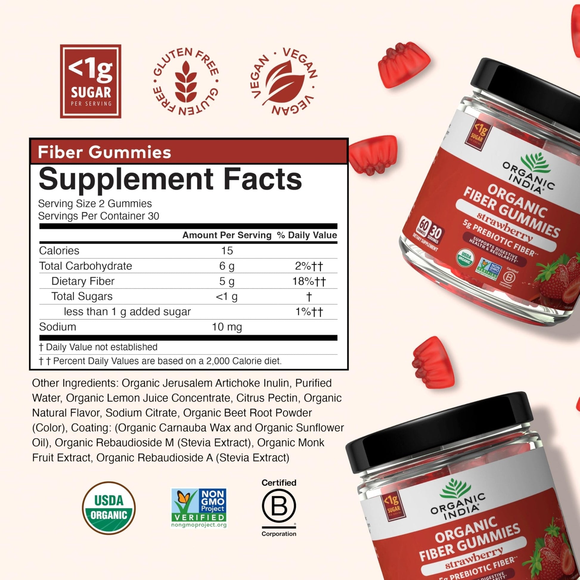 ORGANIC INDIA Fiber Gummies for Adults - Prebiotic Fiber, Dietary Supplement, Digestive Health for Men & Women, Vegan, Low Sugar - Maple Wellness Supplements