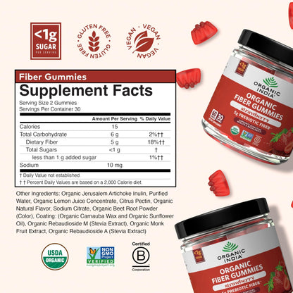 ORGANIC INDIA Fiber Gummies for Adults - Prebiotic Fiber, Dietary Supplement, Digestive Health for Men & Women, Vegan, Low Sugar - Maple Wellness Supplements