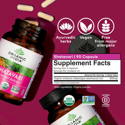 ORGANIC INDIA Shatavari Herbal Supplement - Supports Hormonal Balance, Immune and Inflammatory Response, Vegan, Gluten-Free, USDA Organic, Supports Reproductive Health - 90 Capsules - Maple Wellness Supplements