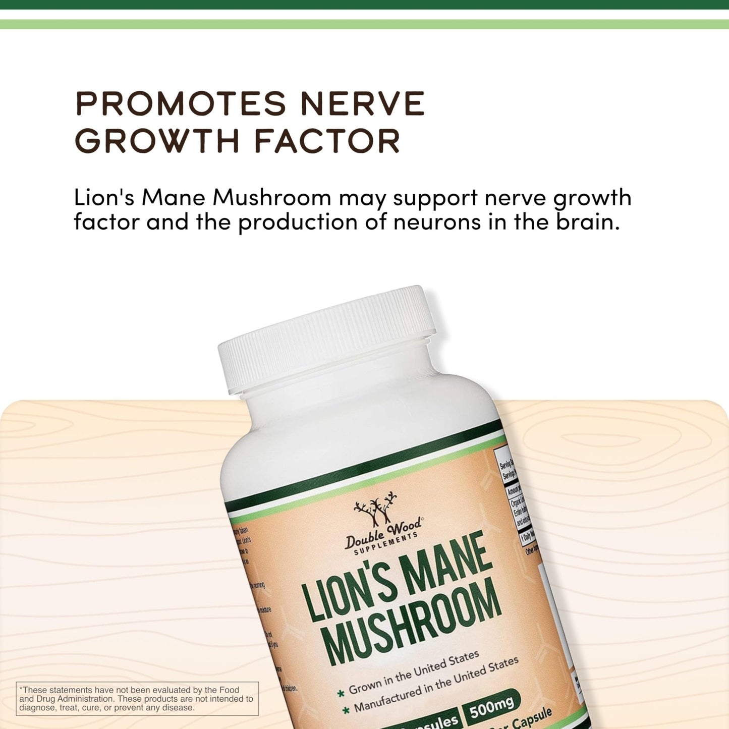 Organic Lions Mane Mushroom Capsules (120 Count), for Focus Support and Immune Health, Third Party Tested and Grown in The USA - by Double Wood - Maple Wellness Supplements