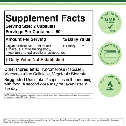 Organic Lions Mane Mushroom Capsules (120 Count), for Focus Support and Immune Health, Third Party Tested and Grown in The USA - by Double Wood - Maple Wellness Supplements