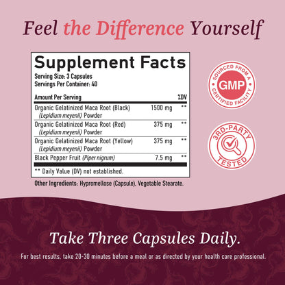 Organic Maca Root Capsules for Women | Peruvian Maca 2250MG Extra Strength | Red, Black & Yellow Root Powder with Black Pepper | Herbal Supplement - Maple Wellness Supplements