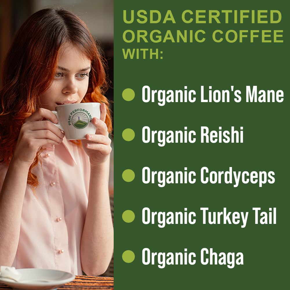 Organic Mushroom Coffee Pods with Lion's Mane, Reishi, Cordyceps, Turkey Tail, and Chaga Mushrooms. High Altitude, Low Acid, Smooth Tasting, Fair Trade, Instant Nootropic Coffee (Medium Roast Ground) - Maple Wellness Supplements
