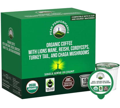 Organic Mushroom Coffee Pods with Lion's Mane, Reishi, Cordyceps, Turkey Tail, and Chaga Mushrooms. High Altitude, Low Acid, Smooth Tasting, Fair Trade, Instant Nootropic Coffee (Medium Roast Ground) - Maple Wellness Supplements
