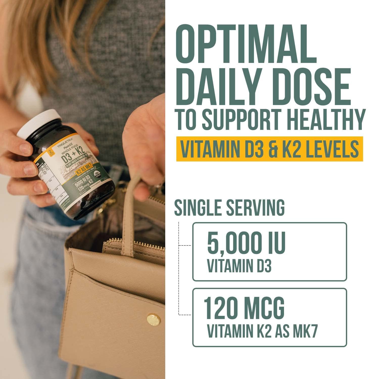 Organic Plant D3 + K2 | 5000 iu D3 + 120 mcg K2 as All-Trans MK7 from MenaQ7® - 100% Whole Food, Raw & Vegan | Enhanced Digestion with Prebiotic - Maple Wellness Supplements