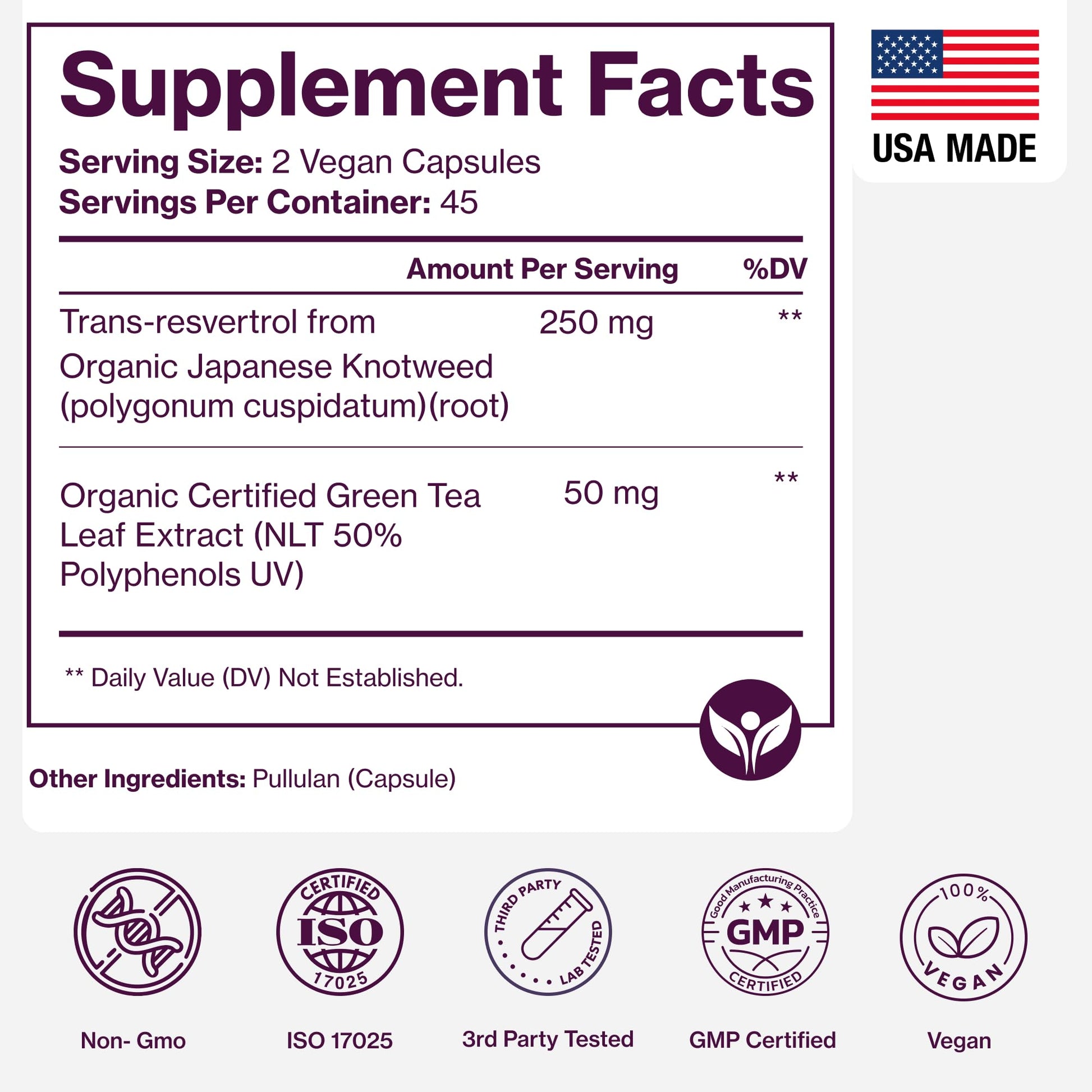 Organic Resveratrol Supplement – Trans-Resveratrol Capsules with Green Tea – Highly Purified & Bioavailable - Maple Wellness Supplements