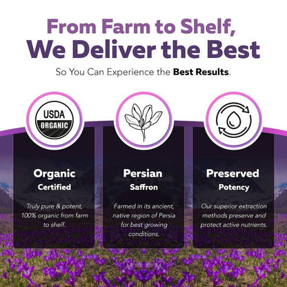 Organic Saffron Extract: Optimized Extract with Safromotivines, Safranal, and Crocins – Clinically Studied | Premium Persian Sargol Quality | Supports Mood, - Maple Wellness Supplements