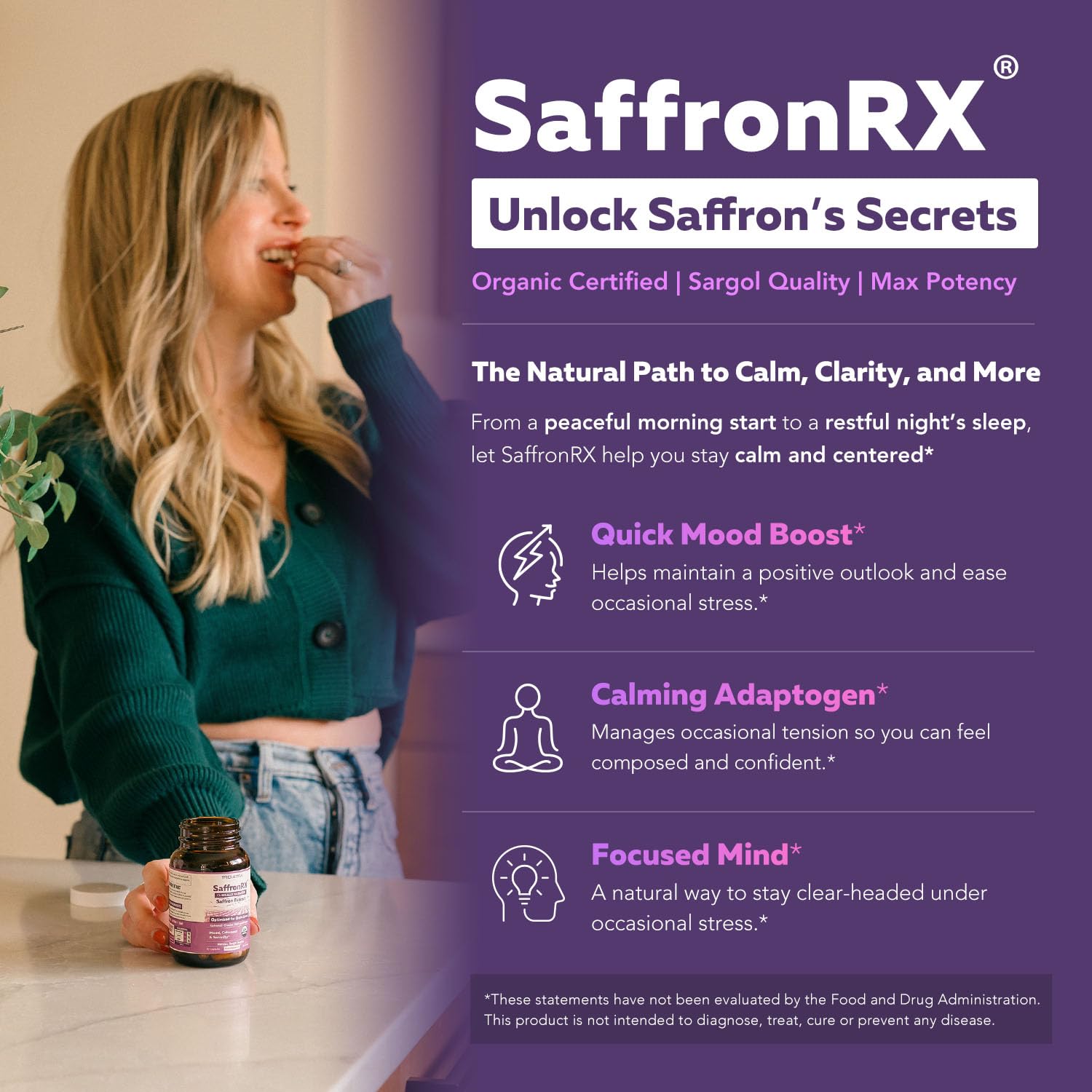 Organic Saffron Extract: Optimized Extract with Safromotivines, Safranal, and Crocins – Clinically Studied | Premium Persian Sargol Quality | Supports Mood, - Maple Wellness Supplements