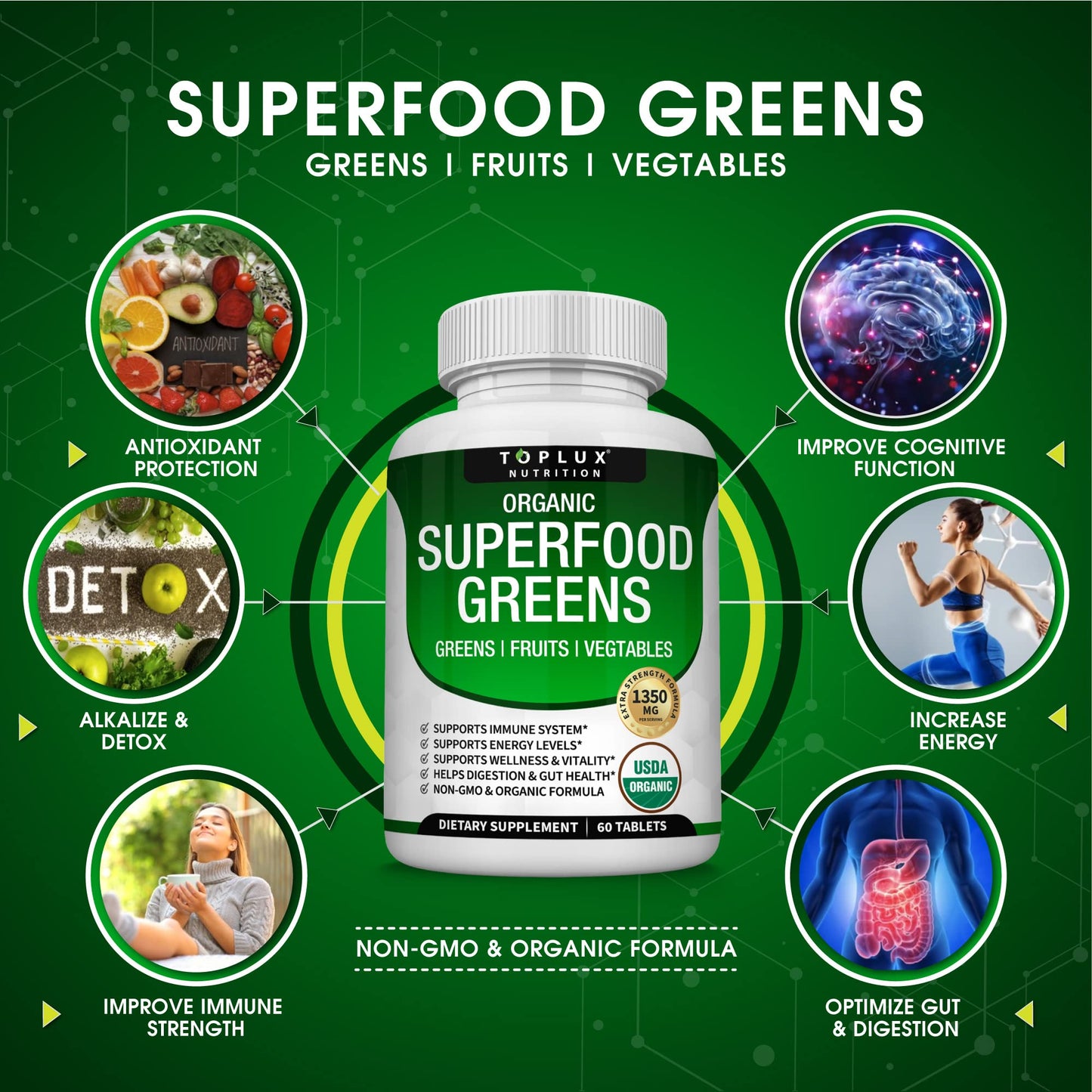 Organic Super Greens Capsules Superfood Fruit Veggie Supplement - 28 Powerful Natural - Maple Wellness Supplements