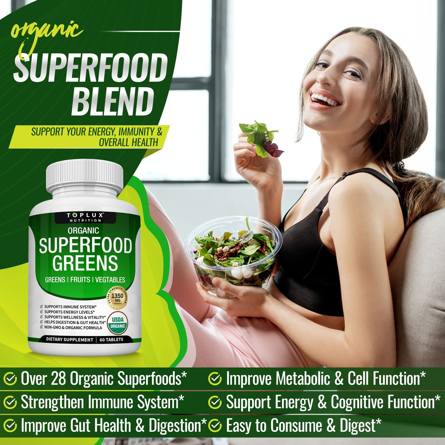 Organic Super Greens Capsules Superfood Fruit Veggie Supplement - 28 Powerful Natural - Maple Wellness Supplements