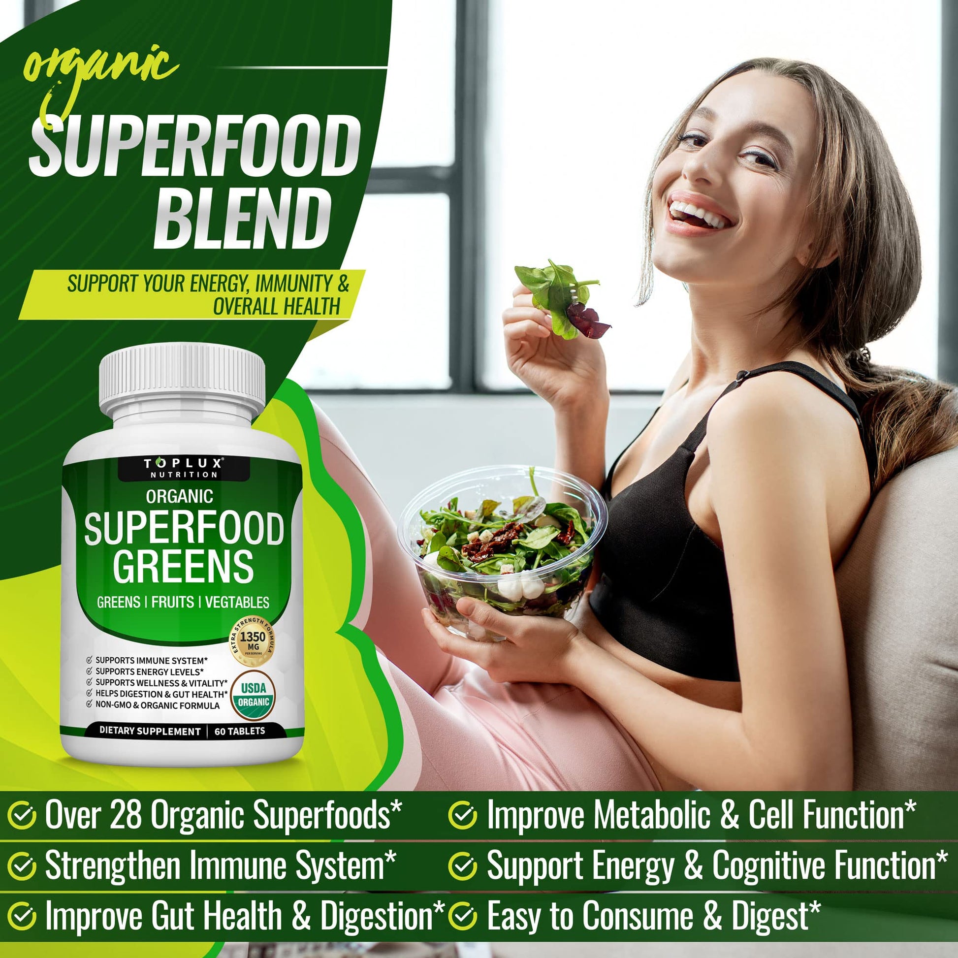 Organic Super Greens Capsules Superfood Fruit Veggie Supplement - 28 Powerful Natural - Maple Wellness Supplements
