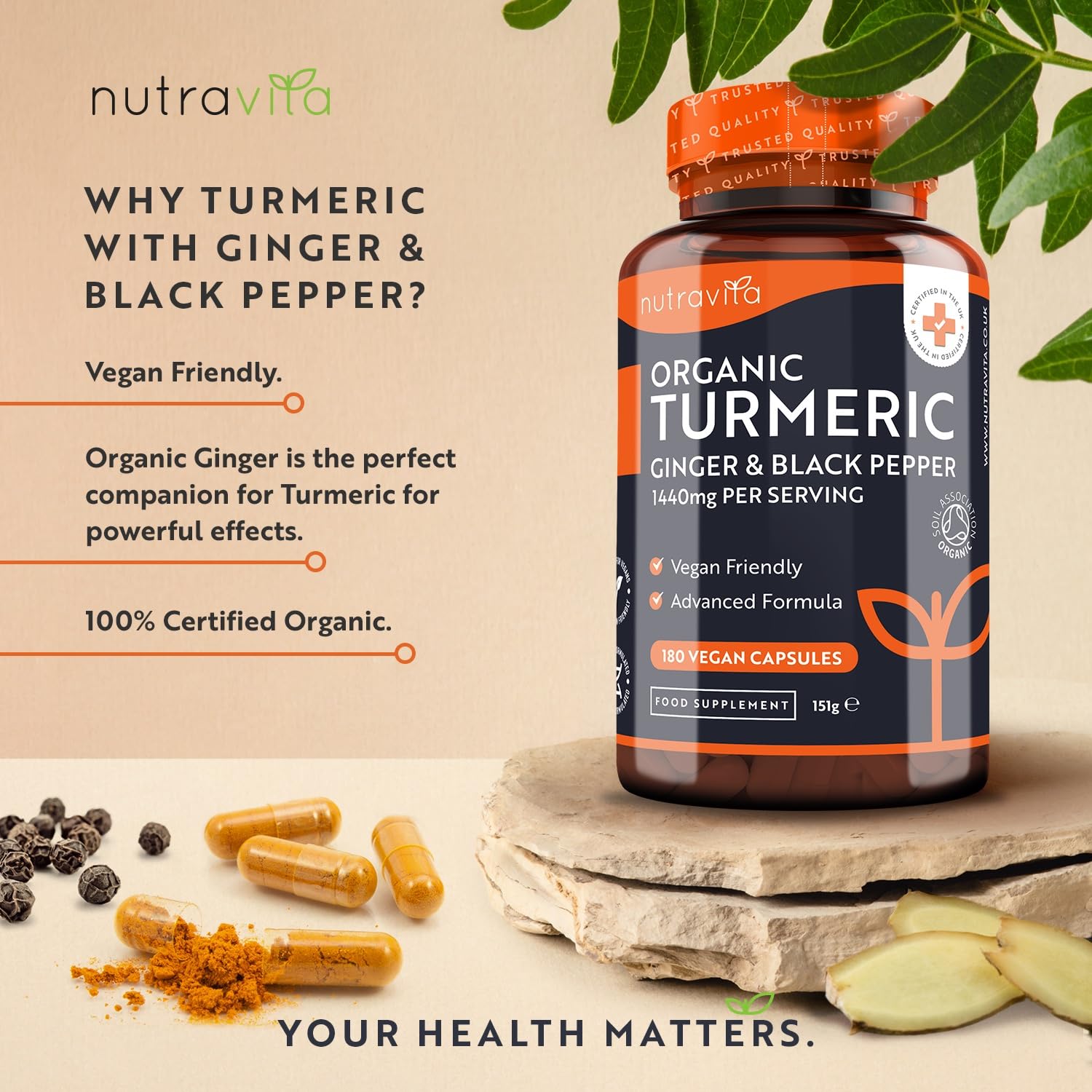 Organic Turmeric 1440mg (High Strength) with Black Pepper & Ginger - 180 Vegan Turmeric - Maple Wellness Supplements