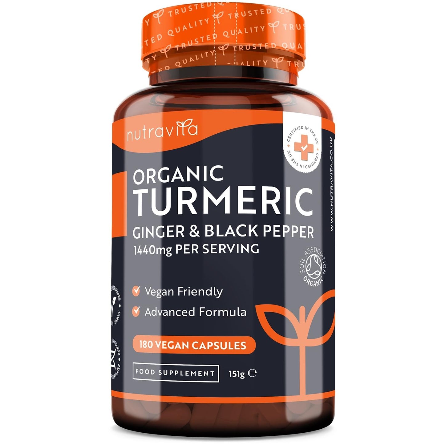 Organic Turmeric 1440mg (High Strength) with Black Pepper & Ginger - 180 Vegan Turmeric - Maple Wellness Supplements