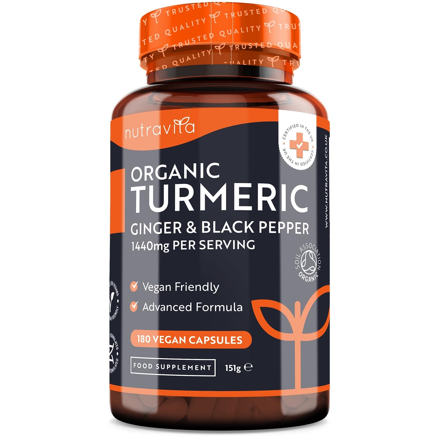 Organic Turmeric 1440mg (High Strength) with Black Pepper & Ginger - 180 Vegan Turmeric - Maple Wellness Supplements