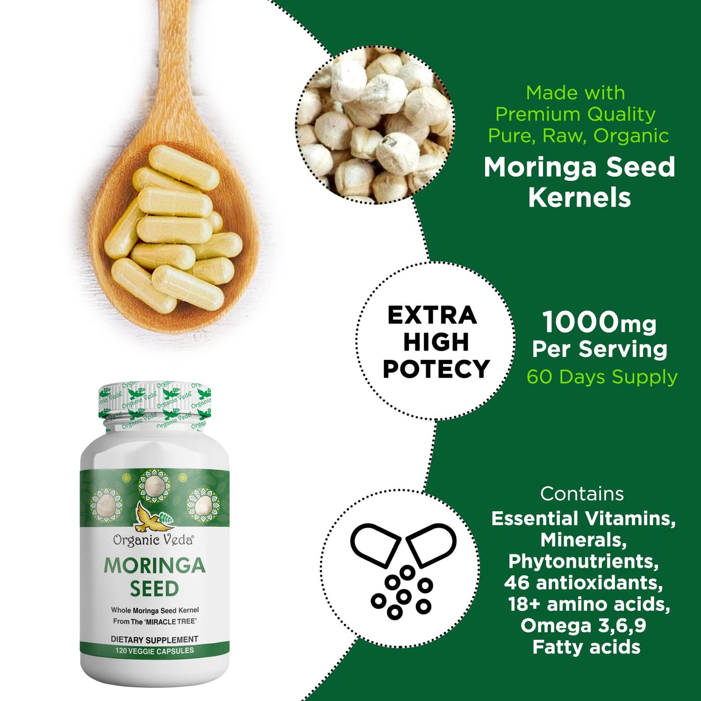 Organic Veda Moringa Seed Capsules - Pure Organic Moringa Capsules Seed Powder - Maple Wellness Supplements