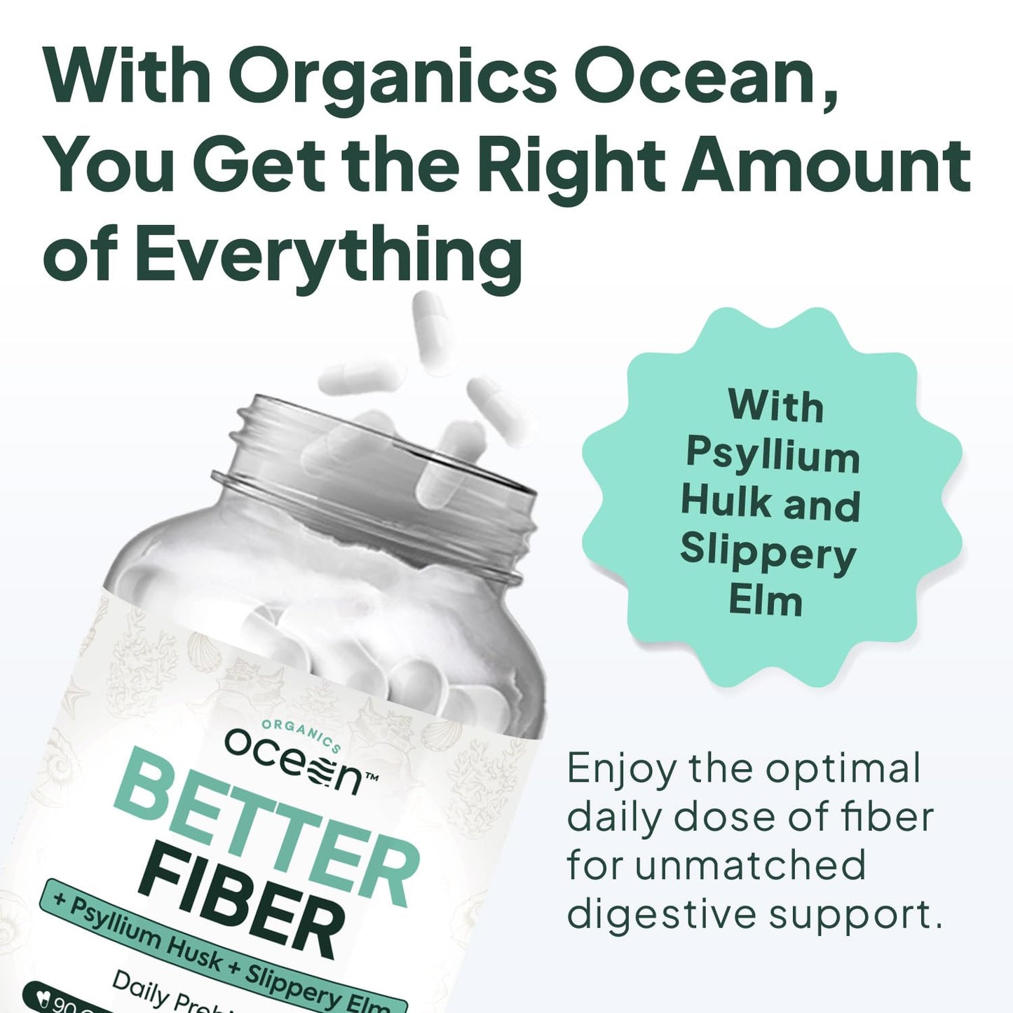 Organics Ocean Better Fiber - Daily Fiber Supplement - Soften Stool for Effortless Bowel Movements - with Psyllium Hulk and Slippery Elm - 90 Capsules - Maple Wellness Supplements