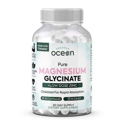 Organics Ocean Pure Magnesium Glycinate with Zinc - Maximum Strength Chelated Magnesium Supplement for Women and Men - Maple Wellness Supplements