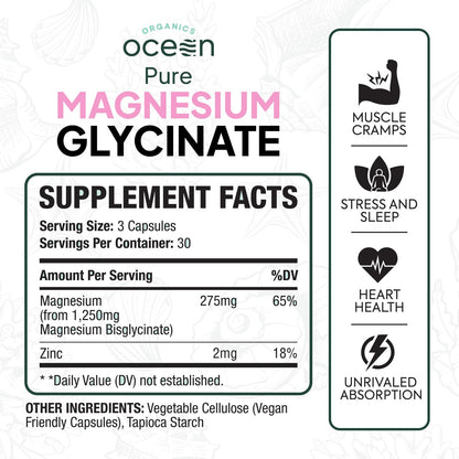 Organics Ocean Pure Magnesium Glycinate with Zinc - Maximum Strength Chelated Magnesium Supplement for Women and Men - Maple Wellness Supplements