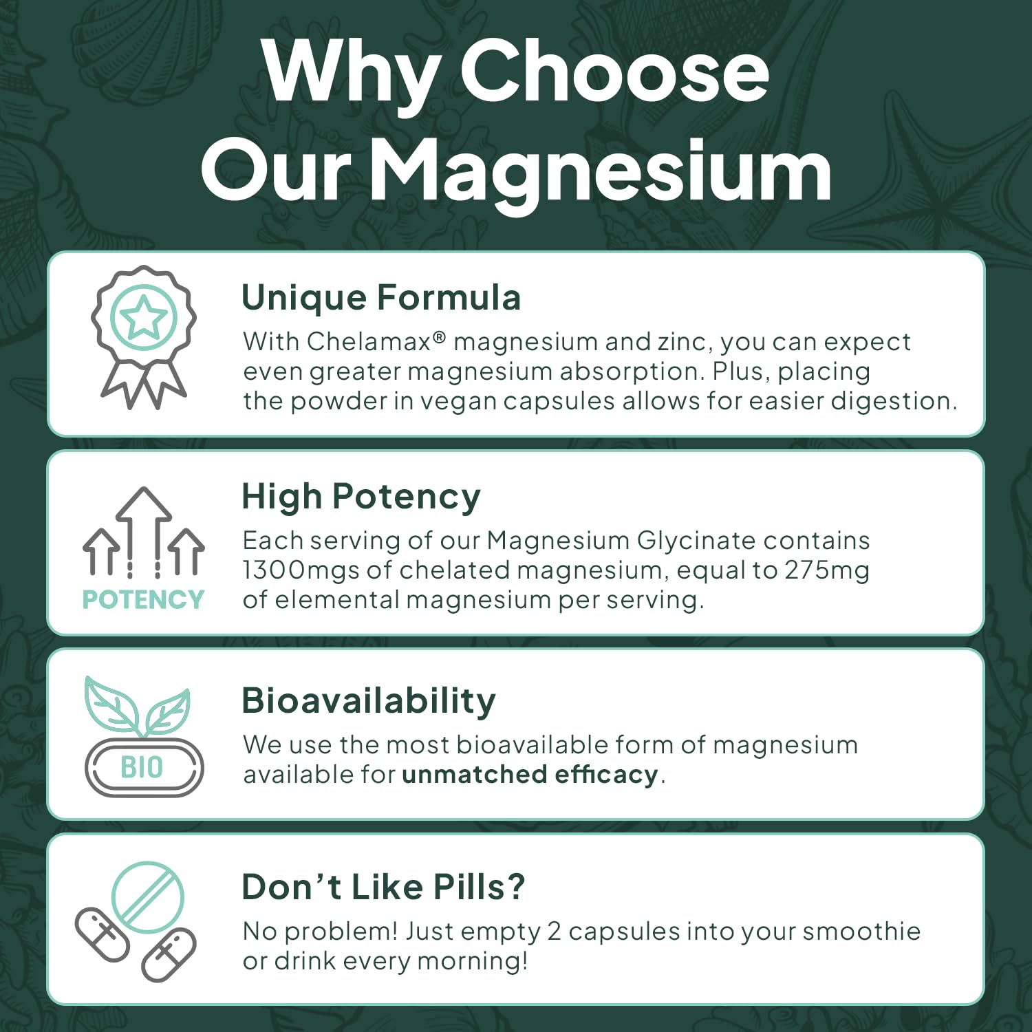 Organics Ocean Pure Magnesium Glycinate with Zinc - Maximum Strength Chelated Magnesium Supplement for Women and Men - Maple Wellness Supplements