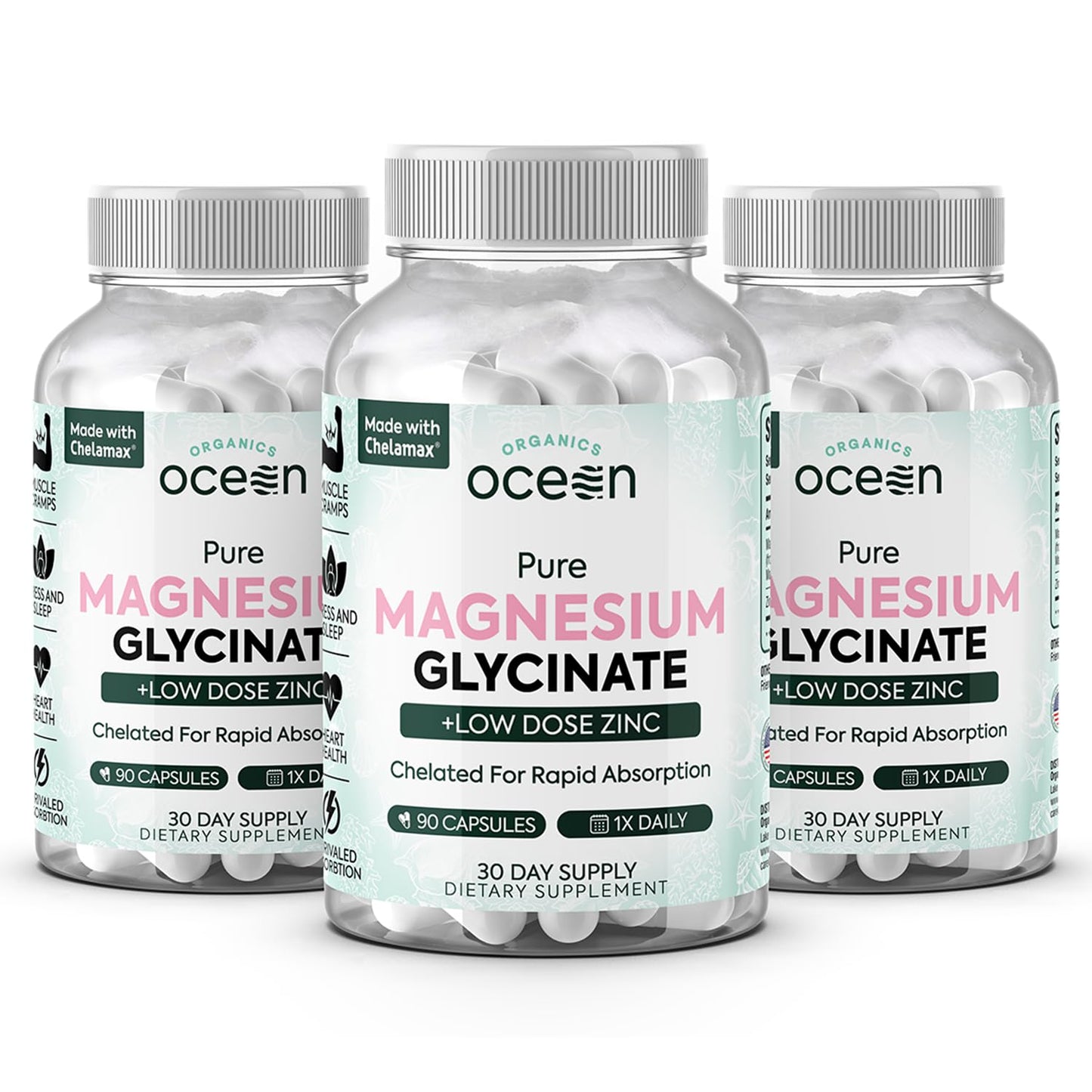 Organics Ocean Pure Magnesium Glycinate with Zinc - Maximum Strength Chelated Magnesium Supplement for Women and Men for Muscle Cramps and Sleep Support - 3 Bottles - Maple Wellness Supplements